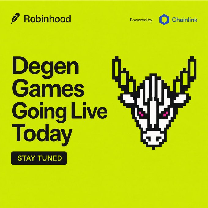 A bright green promotional graphic featuring the Robinhood logo (top left) and Chainlink logo (top right) announces "Degen Games Going Live Today" in bold black text, accompanied by a pixel-art bull skull with magenta eyes and a "STAY TUNED" button. The image ties to the post by highlighting the Robinhood-powered, Chainlink-backed launch of Degen Games as a catalyst for the $MANYU ecosystem, framing the event as an arcade-style, fair token launch.