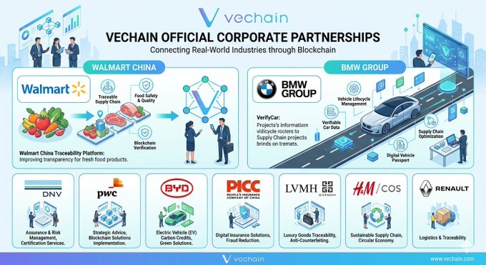 The image showcases VeChain's official corporate partnerships, highlighting collaborations with major enterprises including Walmart China (for traceability of fresh foods), BMW Group (for vehicle lifecycle management and digital vehicle passports), DNV (assurance and risk management), PwC (strategic advisory), BYD (electric vehicles), PICC (digital insurance), LVMH (luxury goods traceability), H&M/ICOS (sustainable supply chain), and Renault (logistics and traceability). This visually supports the post's claim that VeChain ($VET) is the "King of Real-World Utility" by demonstrating its extensive adoption among Fortune 500 companies across diverse industries, reinforcing the narrative that VET is a fundamentally strong blockchain project beyond meme coin speculation.
