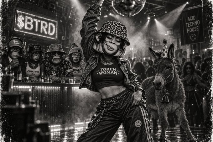 A stylized black-and-white illustrated scene of a woman wearing a 'TOKEN WOMAN' shirt and bucket hat, dancing at a party with a donkey wearing a party hat, with neon signs reading '$BTRD' and 'ACID TECHNO HOUSE' in the background.