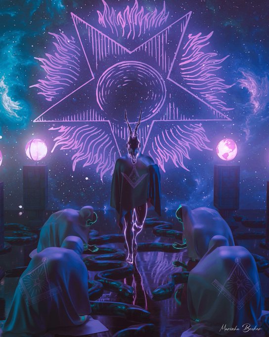 A digital artwork depicting a horned mystical figure standing before a large glowing purple star symbol, surrounded by hooded figures in a cosmic setting, signed "Marcia Bader".
