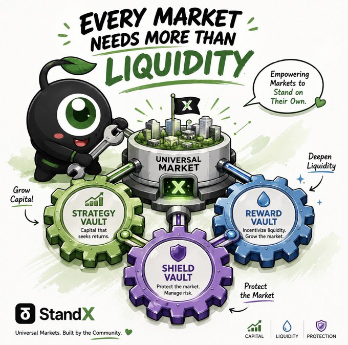 A StandX infographic titled 'EVERY MARKET NEEDS MORE THAN LIQUIDITY' featuring interconnected gears labeled Strategy Vault (Grow Capital), Reward Vault (Deepen Liquidity), and Shield Vault (Protect the Market).