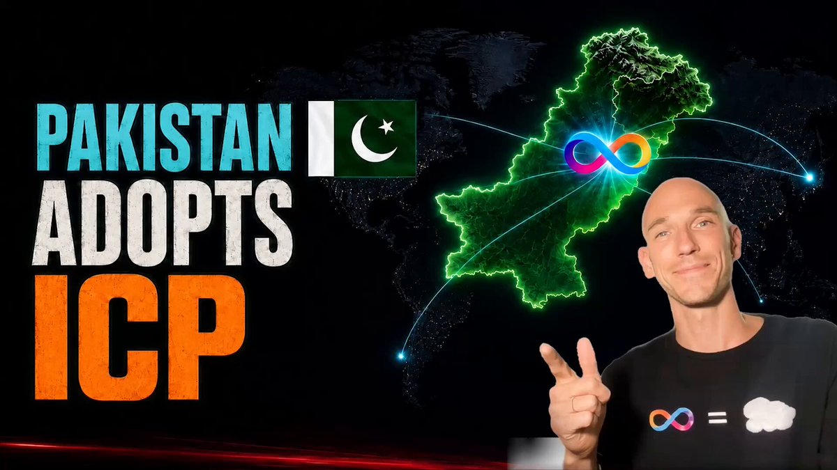 The image features a man with a bald head wearing a black t-shirt who is holding up two fingers in a peace sign. The background of the image shows a map of Pakistan with the country's flag displayed, along with text that reads "Pakistan adopts ICP". This suggests that the man might be promoting or discussing the adoption of the ICP currency by Pakistan.
