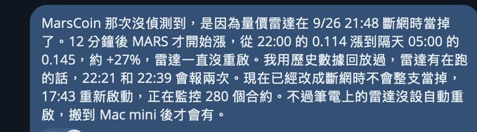 A screenshot of a message in Traditional Chinese discussing MarsCoin, mentioning that the radar crashed at 21:48 on 9/26, causing MARS to rise from 0.114 to 0.145 (about +27%) overnight, and detailing monitoring changes after restarting the system at 17:43.