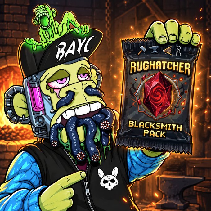 A vibrant digital artwork featuring a Bored Ape Yacht Club (BAYC) character holding a 'RUGHATCHER BLACKSMITH PACK' with a red gem, set against a fiery industrial backdrop.
