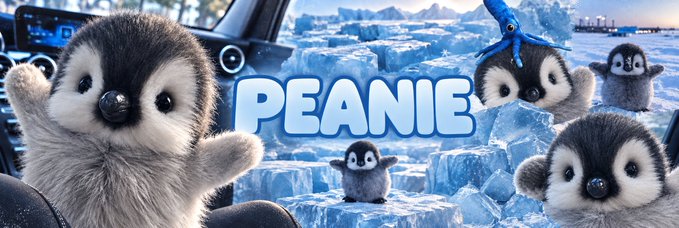 A group of adorable baby penguins pose together on ice floes with the word "PEANIE" prominently displayed in bold blue text in the center. The cute penguin imagery likely serves as a celebratory visual metaphor for the post's "dex paid!" message, marking a successful decentralized exchange transaction.