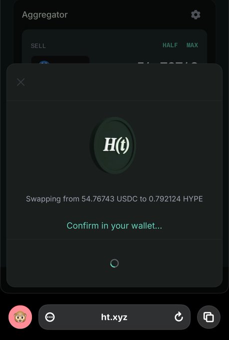 A mobile screen showing the ht.xyz aggregator interface with a swap confirmation dialog: 'Swapping from 54.76743 USDC to 0.792124 HYPE' with 'Confirm in your wallet...' prompt.