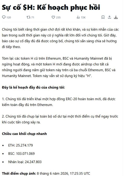 The image shows an announcement for an event that has been canceled due to a lack of funds. The post says "$H announcement Old token stops operating The project will create a completely new token, and will airdrop it to those who hold the old token Just not sure about the ratio yet". This message is written in Thai, which suggests that the image was taken or posted on an online platform with Thai characters.