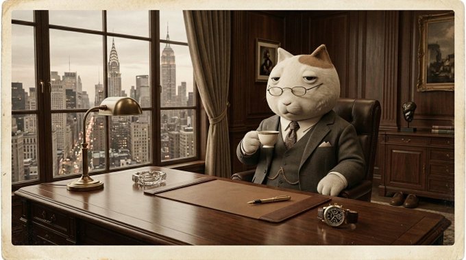 A distinguished white cat in a tailored suit and spectacles sips coffee at a mahogany desk overlooking the New York City skyline, projecting an air of shrewd composure that mirrors the post's message about quietly accumulating SOL while market chaos unfolds.