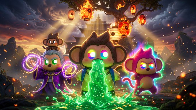 Three stylized cartoon monkeys stand before a mystical, mountain landscape as they unleash glowing powers—green liquid, purple magic, and rainbow energy—with fiery lanterns hanging from a tree above. The vibrant fantasy scene captures the playful, magical vibe of the Chimpers Squad characters referenced in the "Gm" greeting.