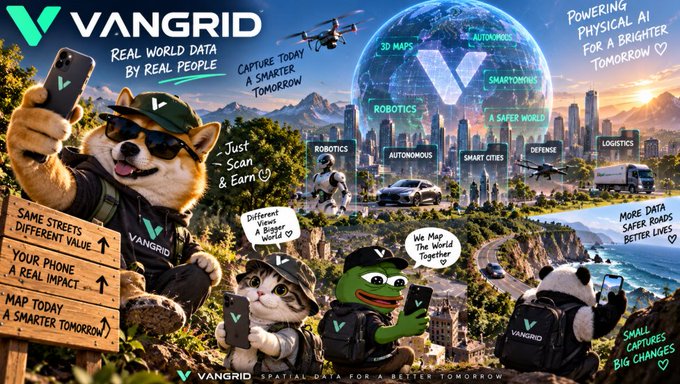 Promotional banner for VANGRID featuring mascot characters in outdoor gear with the slogan 'REAL WORLD DATA BY REAL PEOPLE' and 'POWERING PHYSICAL AI FOR A BRIGHTER TOMORROW,' showcasing applications in 3D Maps, Robotics, Smart Cities, and Autonomous vehicles.