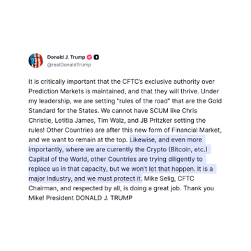 The image features a white background with black text, which reads "It's Critically Important that the CFTC's exclusive authority over Prediction Markets is maintained; and that they will thrive under my leadership. We are setting rules of the road that are already in place for the States, we cannot have SCUM like Chris, and even more countries are after this new form of financial market." The post also includes a photo of Donald Trump with his Twitter account.