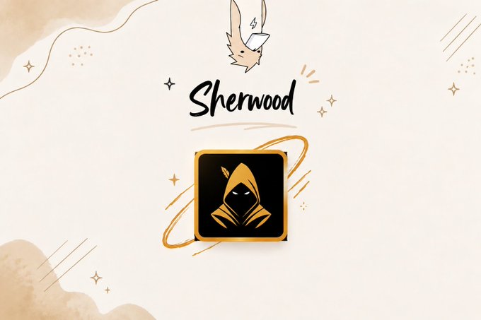 An illustration features a falling bird above the name 'Sherwood' and a gold-hooded icon framed by decorative swirls on a cream background.