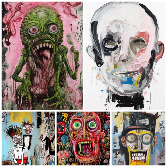A collage of five grotesque, colorful paintings featuring distorted zombie-like faces, skulls, and abstract figures in a raw, expressionist style.