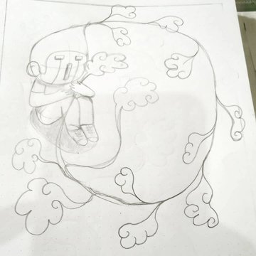 A pencil sketch on paper depicting a round, blob-like character with small arms and legs, surrounded by stylized cloud or wave shapes.