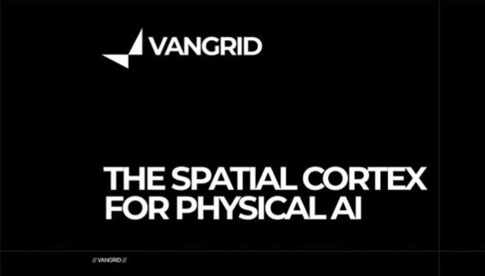 A black title card for 'VANGRID' with the tagline 'THE SPATIAL CORTEX FOR PHYSICAL AI' displayed in white text.