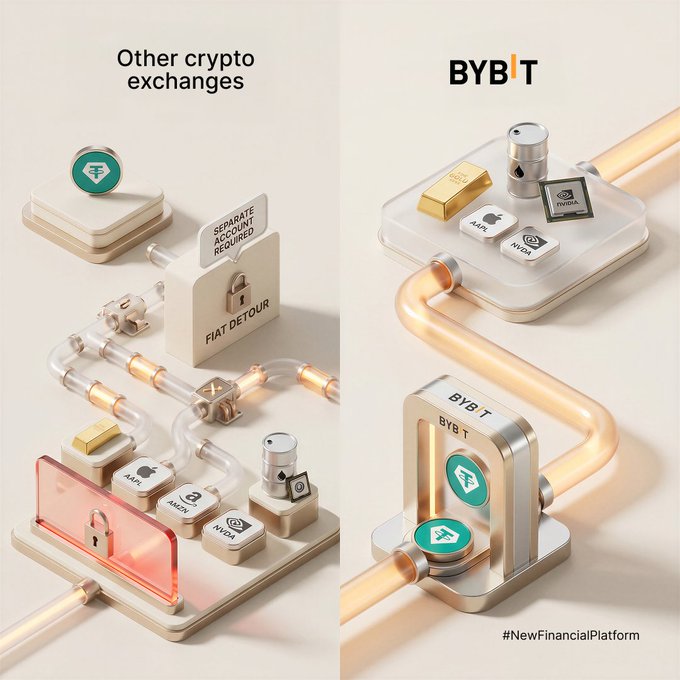 The image shows two different views of a coin exchange platform called Bybit. The left side displays an illustration of a pipe with various coins, while the right side features a more detailed view of the exchange process. Both views emphasize the benefits of trading in cryptocurrencies like Bitcoin and other digital assets.