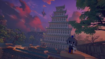 A small character stands on a rooftop looking at a tall stone tower against a pink and purple cloudy sky, with another small figure flying in the distance.