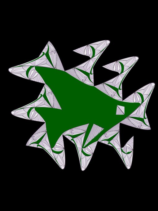 A green shark silhouette is centered within a star-shaped emblem of silvery, fish-patterned spikes, fitting Toshi's "Green" daily challenge with its vivid green color theme.