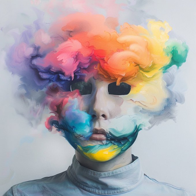A surreal portrait painting of a person whose face dissolves into swirling clouds of vibrant colors including purple, pink, orange, yellow, and teal.