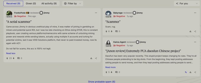 The image shows a Facebook review page with three "probable spam" reviews for what appears to be a cryptocurrency-related page called "HODL," with reviews from Frankhards, Joel Garcia, and others warning of scams like "Bitcoin Mining" and "Pinochain Wallet," all flagged as suspicious at a timestamp of 23:15. This relates to the post's warning about avoiding desperate interactions with questionable crypto projects, as the reviews highlight common scam tactics targeting eager investors.