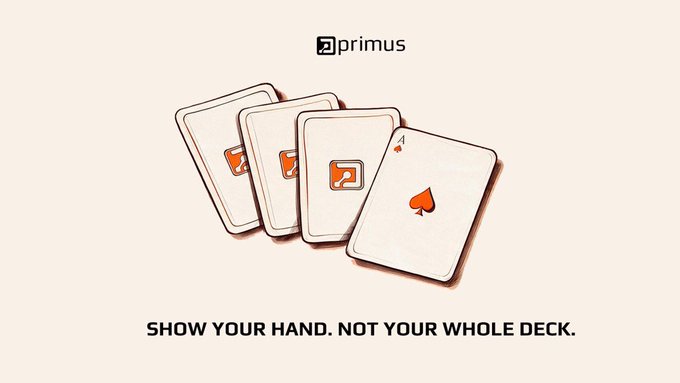 A Primus promotional graphic shows four playing cards fanned out, with the Ace of Spades visible and the slogan “SHOW YOUR HAND. NOT YOUR WHOLE DECK.” It illustrates the post’s point about proving online activity through selected data sources—X, GitHub, and ChatGPT—without sharing an entire data trail.
