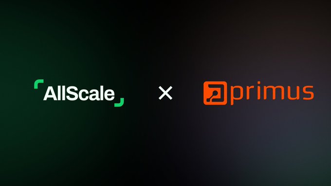 A promotional graphic showing a partnership between two companies, with logos for 'AllScale' (white and green) and 'primus' (orange) separated by a white 'x' on a dark background.