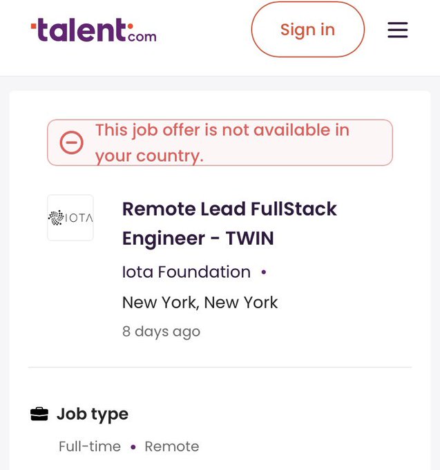The image shows a job listing posted by a company named @iota, which is an online talent marketplace. The posting is for a remote lead fullstack engineer role with TWIN. It appears that this position is only available to someone based in the US talent.com/view?id=623074 and not to those outside of the United States. This job description seems to be tailored towards individuals who are interested in working remotely or have experience in remote work environments.