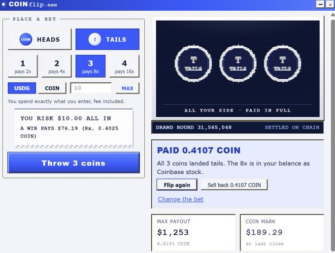 A screenshot of the COINflip.exe interface shows a successful $10 bet on tails (paying 8x), resulting in a payout of 0.4107 COIN ($189.29 mark) after all three coins landed tails on Round 31,565,048. The image illustrates the user's win described in the post, confirming their successful bet on Coinbase stock via NetNetCap's coinflip feature.