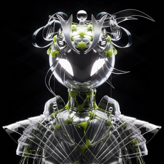 A symmetrical, futuristic digital artwork featuring a chrome humanoid figure with intricate green accents and ornate headpiece details against a black background, complementing a crypto/NFT giveaway promotion that references wallets and social media engagement.