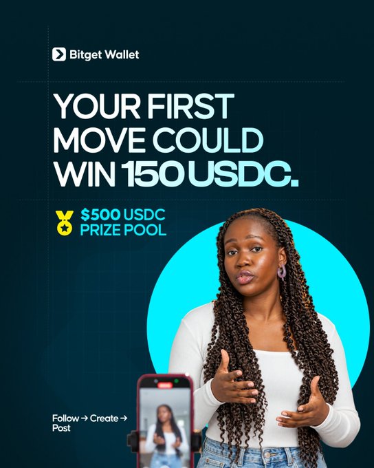 Bitget Wallet ad promoting a $500 USDC prize pool giveaway, featuring a woman with long braids gesturing near a smartphone showing a social media recording, with bold text reading "YOUR FIRST MOVE COULD WIN 150 USDC" and instructions to "Follow → Create → Post."

The image supports the post by visually promoting the same giveaway campaign that the alternate submission form addresses—encouraging participants to create their entry content (Follow, Create, Post) for a chance to win their share of the 150 USDC prize within the $500 USDC total pool.