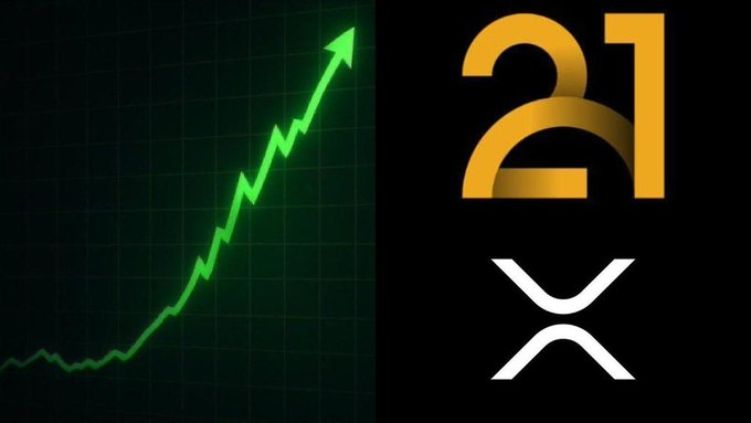 A green upward-trending stock chart line on a dark background next to a large gold '21' logo with a white 'X' (XRP) symbol below it.
