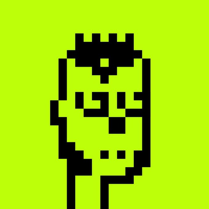 A pixel art character with a crown-like headpiece on a lime green background, representing the giveaway for Ronksart NFT mint spots.
