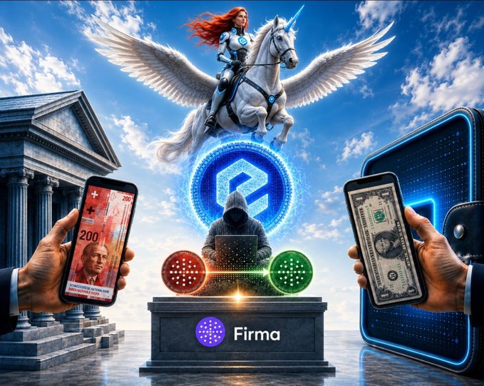 A digital collage featuring a woman on a winged unicorn, a hooded figure with a laptop on a 'Firma' pedestal, a Swiss bank building, hands holding smartphones showing Swiss Franc banknotes, and a credit card.