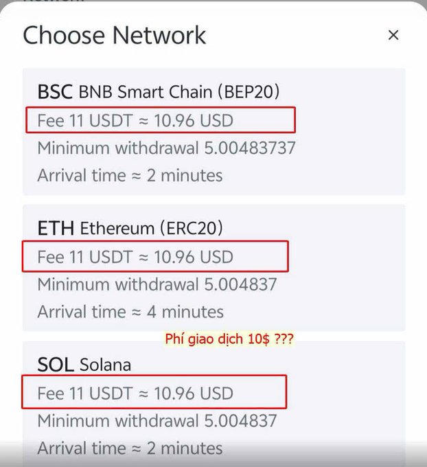 A 'Choose Network' cryptocurrency withdrawal menu showing BSC, ETH, and SOL options with highlighted fees of '11 USDT ≈ 10.96 USD', minimum withdrawals, and arrival times, with Vietnamese annotation 'Phí giao dịch 10$ ???'.