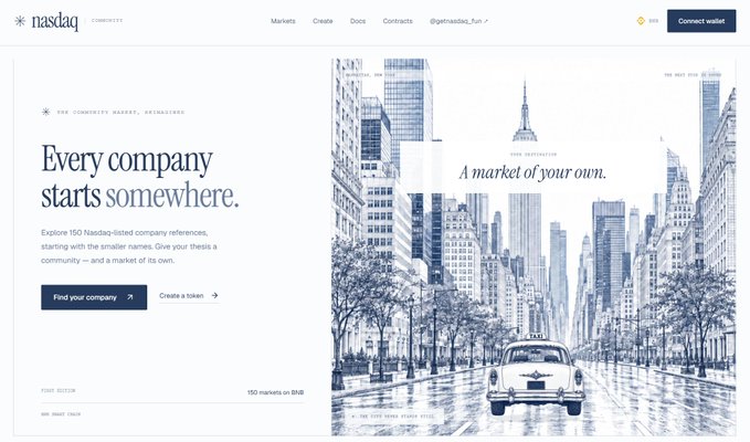 The image shows a webpage for "nasdaq community" with a tagline "Every company starts somewhere," promoting a platform where users can explore 150 Nasdaq-listed company references to "Find your company" or "Create a token," alongside a stylized illustration of a vintage taxi on a city street with the text "A market of your own." The page visually reinforces the post's announcement of BNC4's new permissionless layer for launching community tokens around microcap Nasdaq-listed companies, not just the ones already represented onchain.