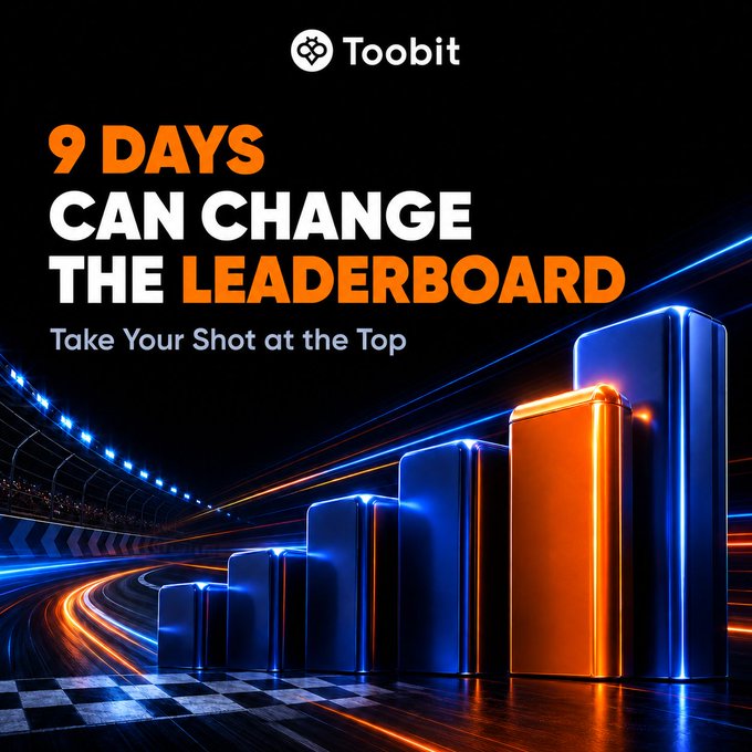 A Toobit promotional banner features bold text reading "9 DAYS CAN CHANGE THE LEADERBOARD" with the tagline "Take Your Shot at the Top," set against a dynamic racing background of glowing blue and orange metallic pillars on a checkered track, visually reinforcing the trading competition's urgency and race to the top.
