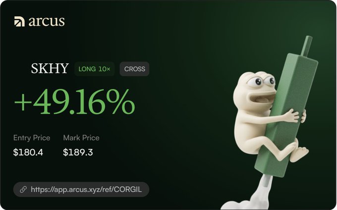 A trading interface showing $SKHY on Arcus with a LONG 10× position showing +49.16% gain, entry price $180.4 and mark price $189.3, featuring a 3D figurine of a frog hugging a green candlestick chart.