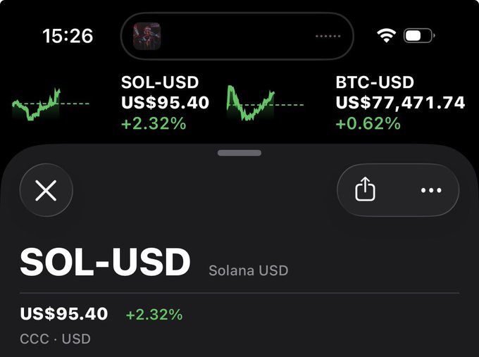 A stock/crypto tracking app showing SOL-USD at US$95.40 (+2.32%) and BTC-USD at US$77,471.74 (+0.62%).