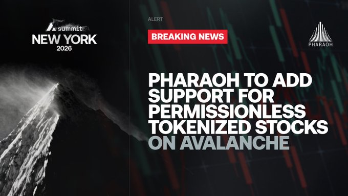 The graphic announces that Pharaoh will add support for permissionless tokenized stocks on Avalanche, featuring "Summit New York 2026" branding and a "BREAKING NEWS ALERT" banner set against a candlestick chart and mountain imagery, visually reinforcing the announcement of 24/7 tokenized U.S. equity trading on the decentralized exchange.