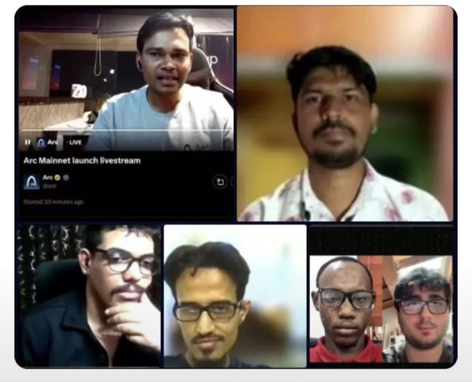 A collage of video feeds showing several men's faces, with one panel displaying an 'Arc Mainnet launch livestream' from 'Arc' that 'Started 33 minutes ago'.