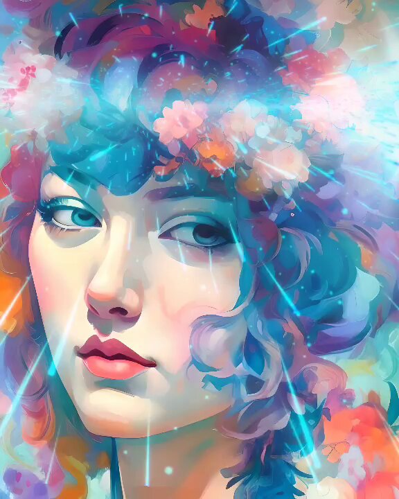 The image depicts a woman with a colorful wig, wearing a flower crown of various hues including pink, blue, orange, and purple. She appears to be staring into space or at the camera, adding an air of mystery to her presence. The background features a gradient of colors that blend seamlessly together, providing a vibrant backdrop for this central figure. Below the woman's image, there is text providing information about the artwork.