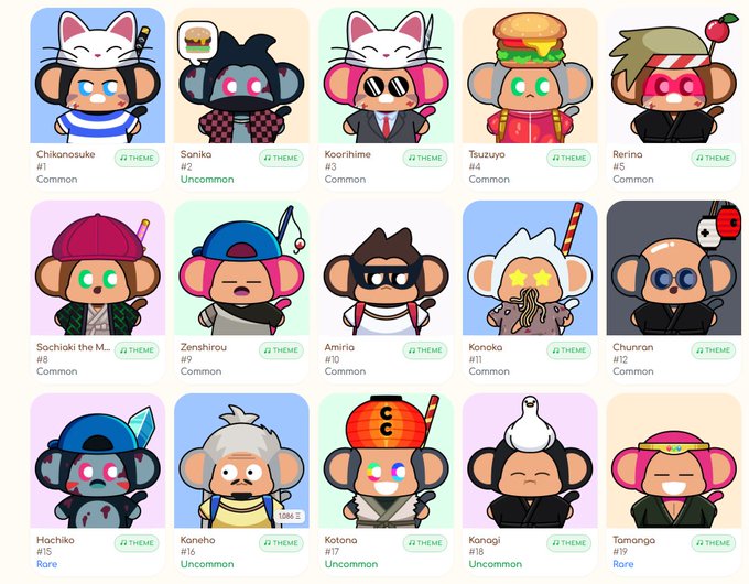 A collection of 15 cartoon monkey NFT characters in a grid, each labeled with names like Chikanosuke, Sanika, Koorihime, Tsuzuyo, Rerina, Sachiki the M..., Zenshirou, Amiria, Kanoko, Chunran, Hachiko, Kaneho, Katono, Kanagi, and Tamango, with rarity tags such as Common, Uncommon, and Rare.