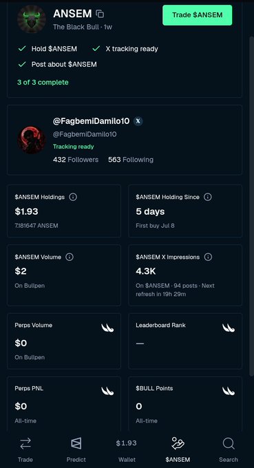 A screenshot of a Bullpen trading app profile for "ANSEM" showing 3 of 3 completed tasks (Hold $ANSEM, X tracking ready, Posted about $ANSEM), $ANSEM holdings of $1.93 (7,181,647 ANSEM) held for 5 days, and 4.3K impressions with $2 trading volume on Bullpen, aligning with the user's "Road to 10k" accumulation goal for $ANSEM.