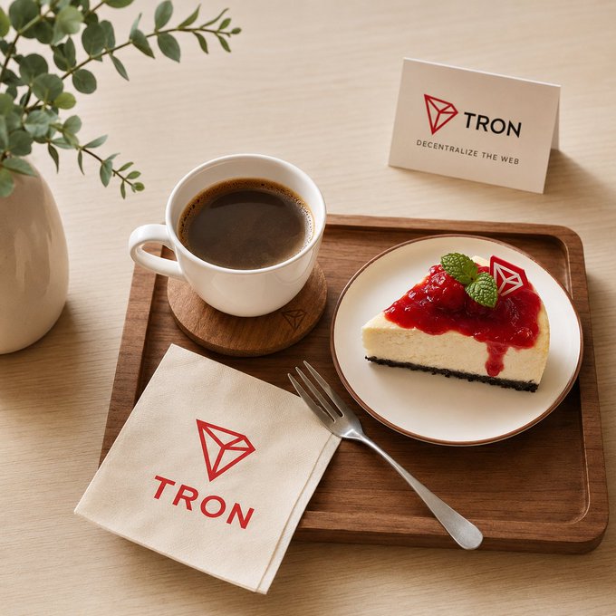 A wooden tray holds a cup of coffee, a slice of cheesecake topped with strawberries, and a napkin and card both branded with the "TRON - Decentralize the Web" logo, presenting TRON's ecosystem growth as a polished, accessible everyday experience.