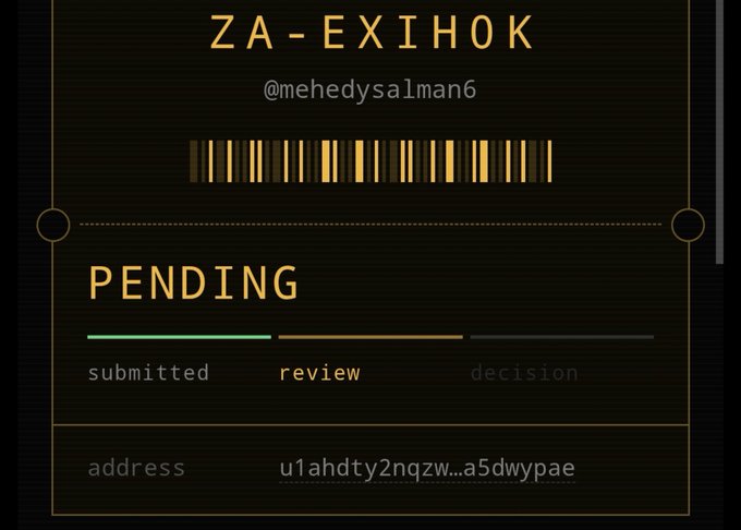 A dark-themed digital interface shows a 'PENDING' status with a barcode, the text 'ZA-EXIHOK' and '@mehedysalman6', and a Zcash address beginning with 'u1ahdty2nqzw...a5dwypae'.