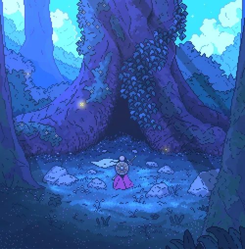 Pixel art depicting a lone figure with a sword standing before a massive tree in a mystical blue forest setting.