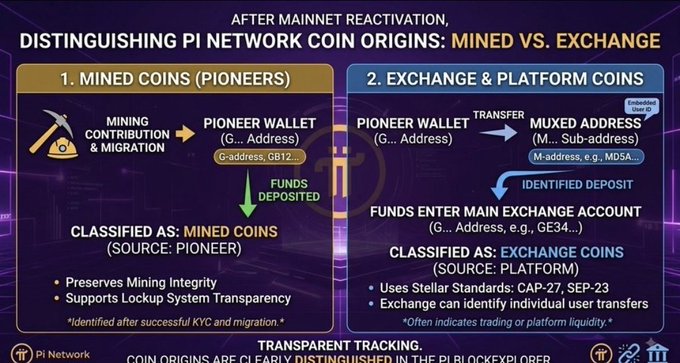 An informational graphic titled "After Mainnet Reactivation: Distinguishing Pi Network Coin Origins: Mined vs. Exchange," which contrasts how mined Pioneer coins (labeled G-address/GBT2) are classified by source, versus exchange and platform coins transferred to mixed addresses (M-address/MDSA) before being deposited into main exchange accounts. The image visually supports the post's explanation of new transparent tracking features in the Pi Blockexplorer following the Open Mainnet reactivation.