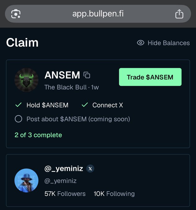 A screenshot from app.bullpen.fi showing a claim page for the $ANSEM token ("The Black Bull"), where user @_yeminiz (57K followers) has completed 2 of 3 requirements—holding $ANSEM and connecting X—with the third task to post about $ANSEM coming soon. The image illustrates the airdrop eligibility status described in the post, confirming the account is already well-positioned for the $ANSEM airdrop.