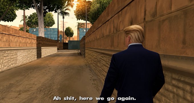 The image shows a man dressed in a suit walking down an alleyway with the text "AH shit, here we go again." The man appears to be walking away from the camera, possibly towards a building or another person. The scene seems to be set in a video game environment, as indicated by the presence of a car and a tree nearby.