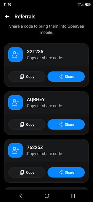 A mobile screenshot of OpenSea's "Referrals" page displaying invite codes "X2TZ235", "AQRHEY", and "762Z5Z" with "Copy" and "Share" buttons.